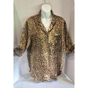 Ivy & Annabelle short Cheetah Night Gown / Button Up Sleep Shirt SATIN Size L